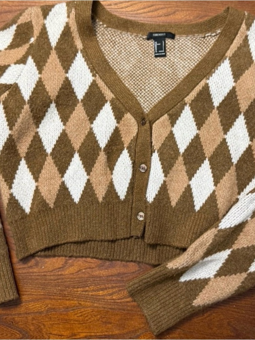 Brown, Tan & Cream Argyle Cropped Cardigan